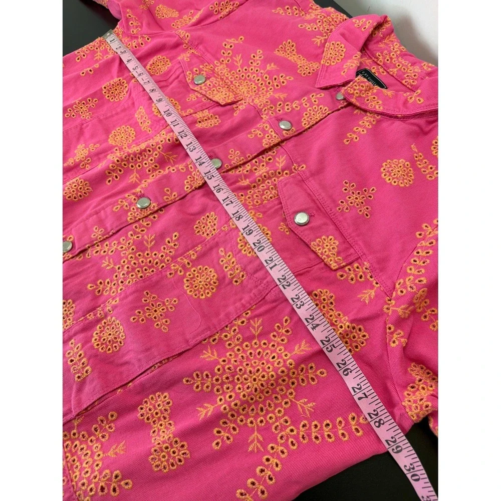 G by Giuliana Black Label Pink Puff‎ Sleeve Eyelet Denim Jacket 3X Feminine